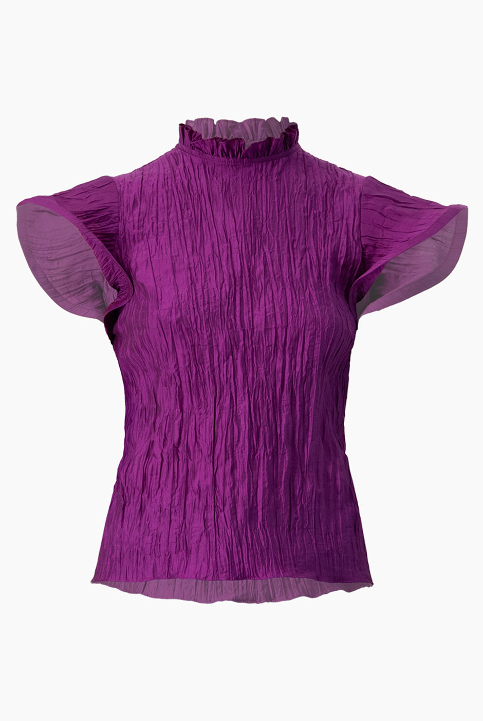 Blusa recta morada con textura plisada y cuello alto