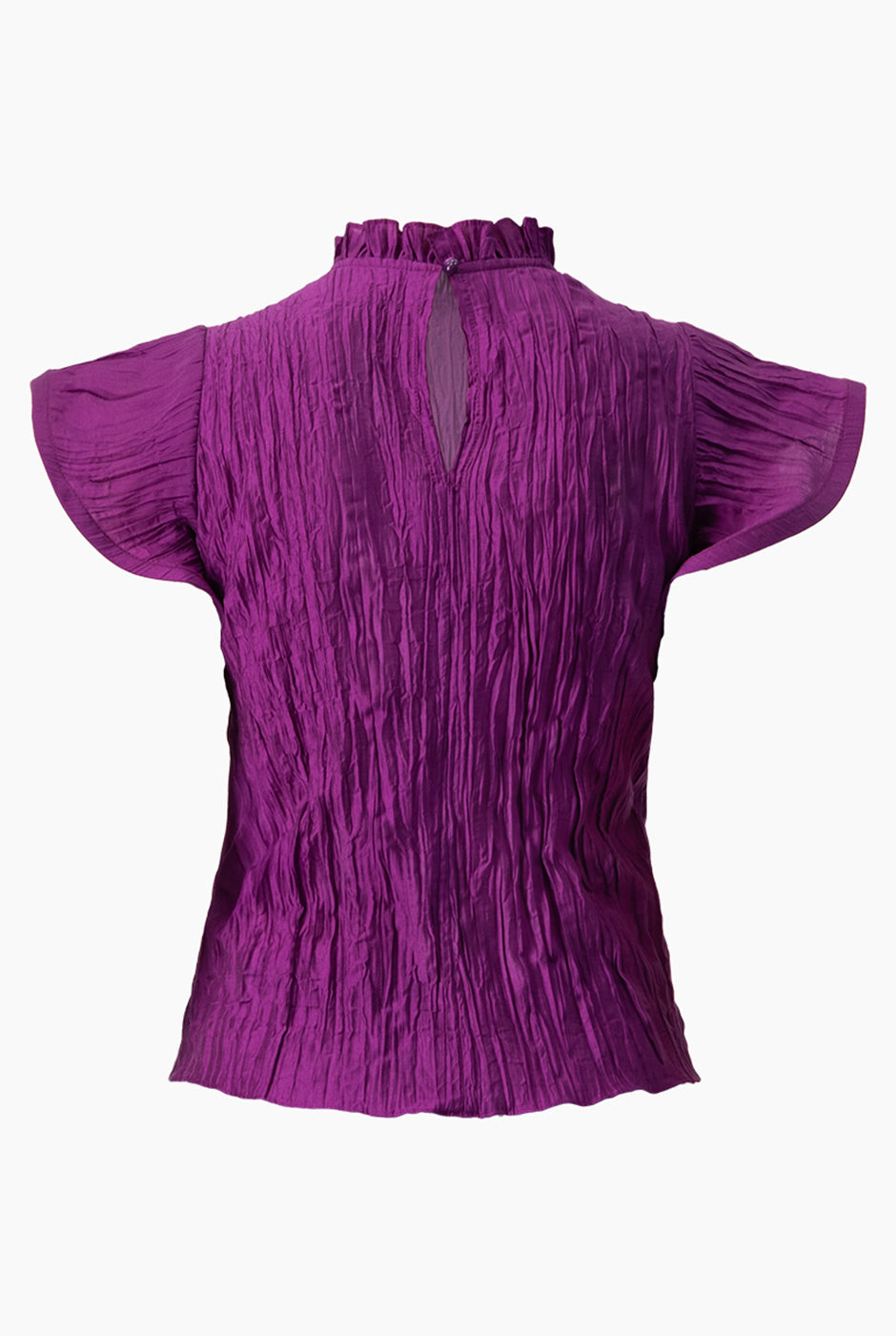 Blusa recta morada con textura plisada y cuello alto