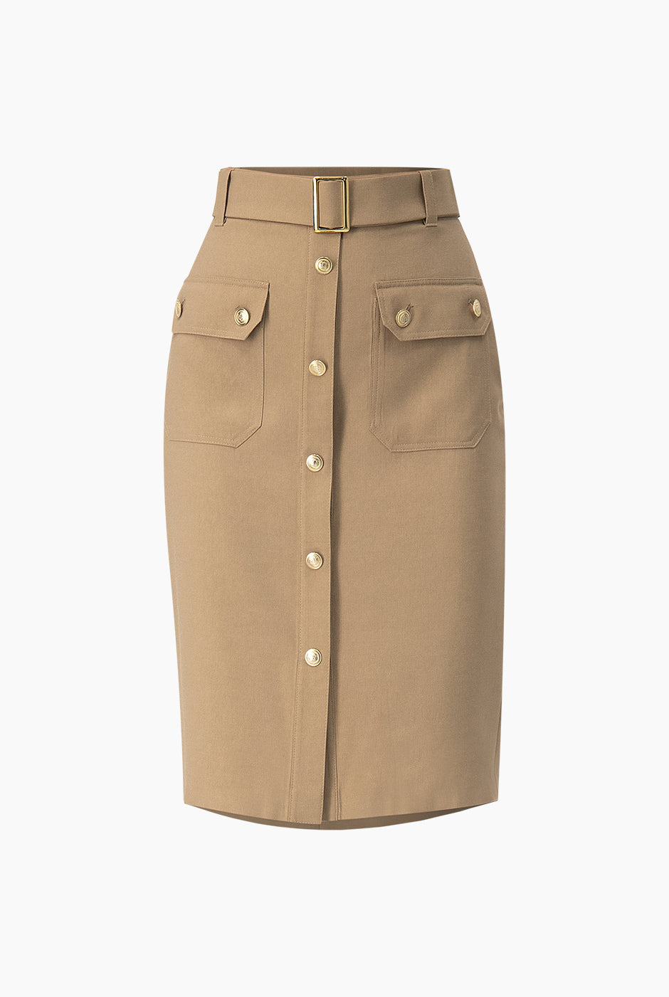 Falda lápiz café con cinturón y botones frontales