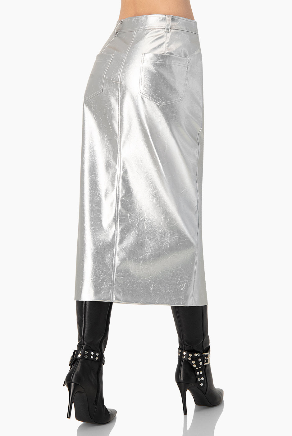 Falda larga plateada con abertura frontal y bolsillos