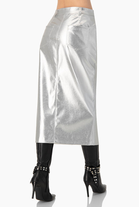 Falda larga plateada con abertura frontal y bolsillos