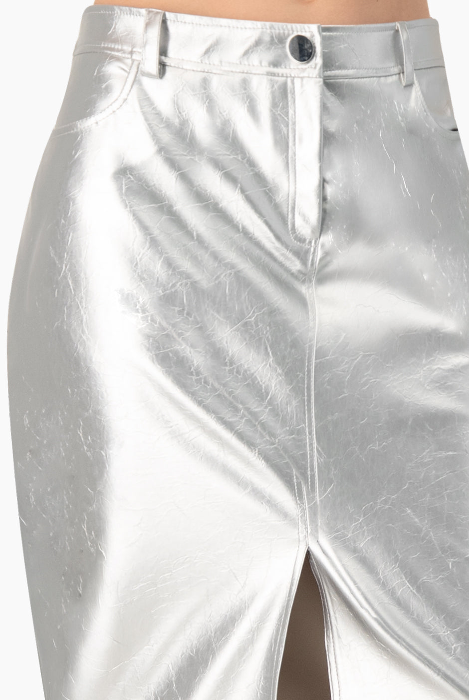 Falda larga plateada con abertura frontal y bolsillos