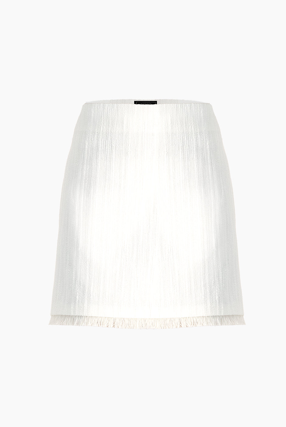 Falda tejida corta marfil con flecos, cierre lateral