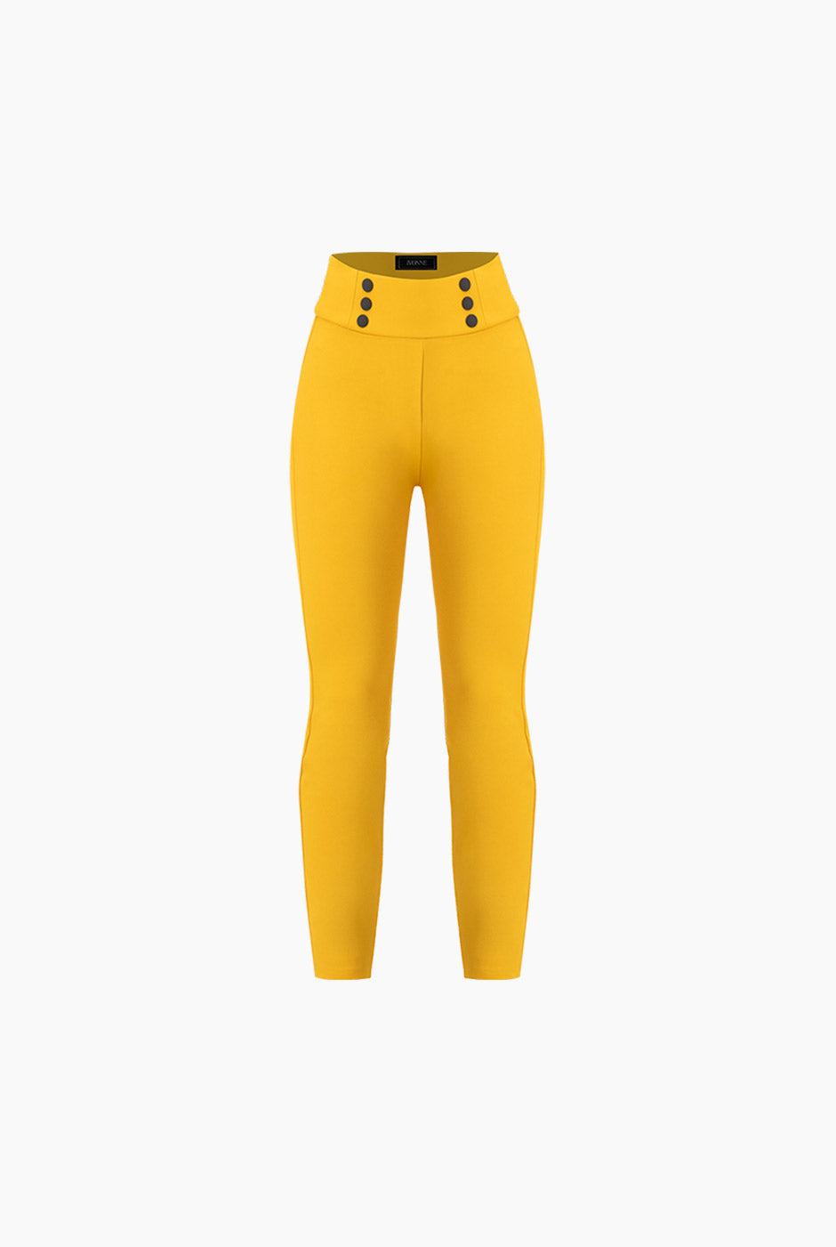 Pantalón slim amarillo con botones decorativos en la cintura
