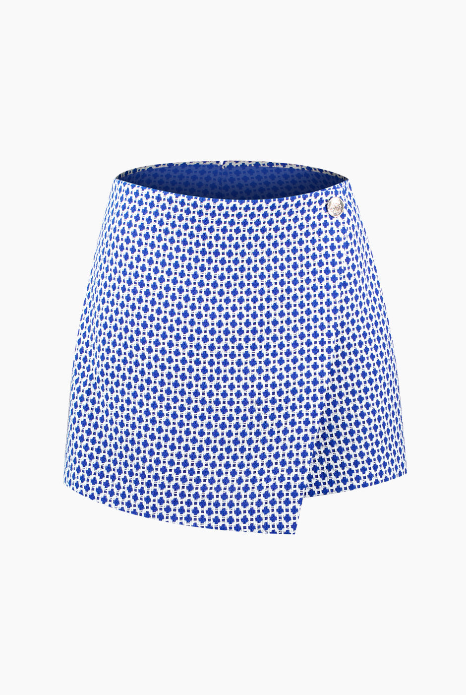 Short sastreado azul con botón frontal y estampado geométrico
