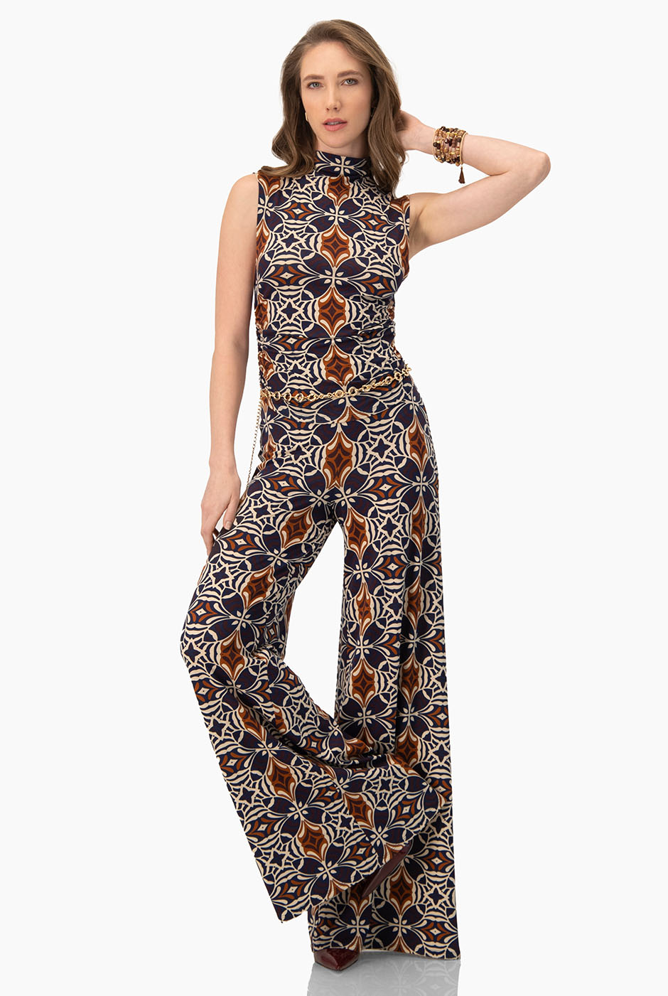 Pantalón palazzo multicolor con estampado geométrico