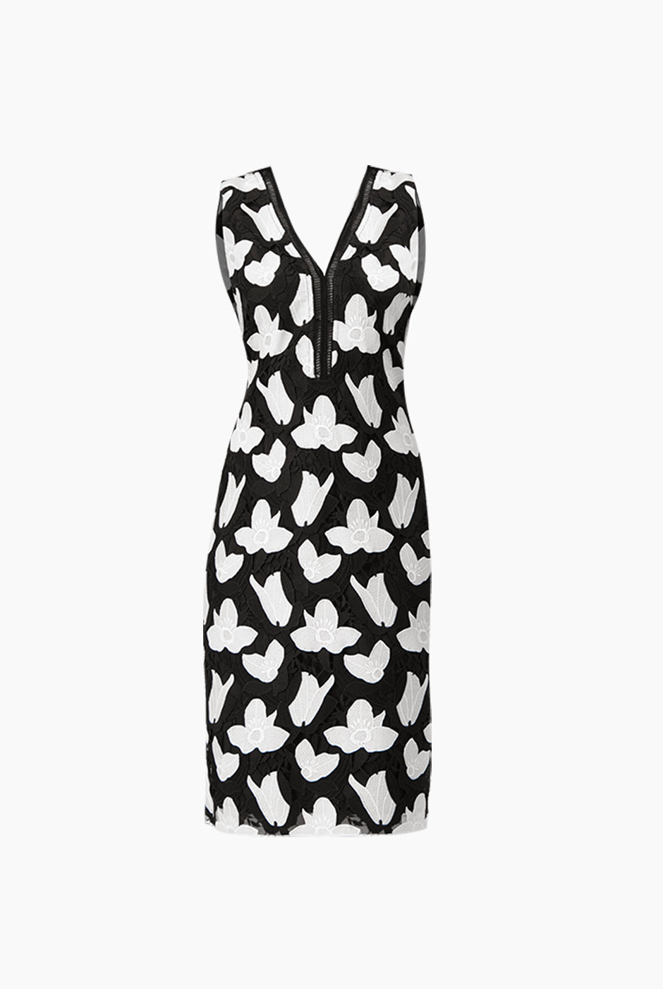 Vestido midi negro sin mangas con escote en V y estampado floral