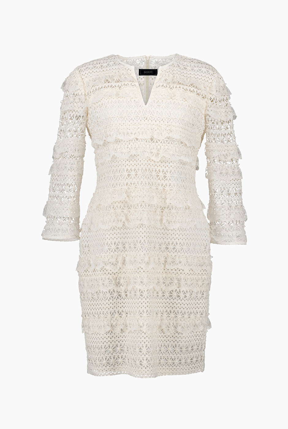 Vestido tejido corto natural con escote en V y encaje