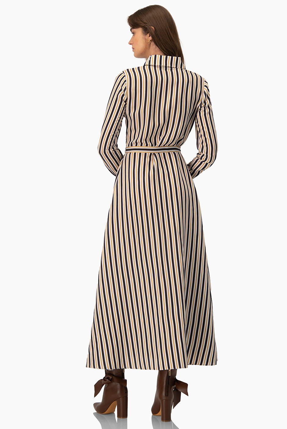 Vestido largo camisero multicolor con estampado de rayas y cinturón