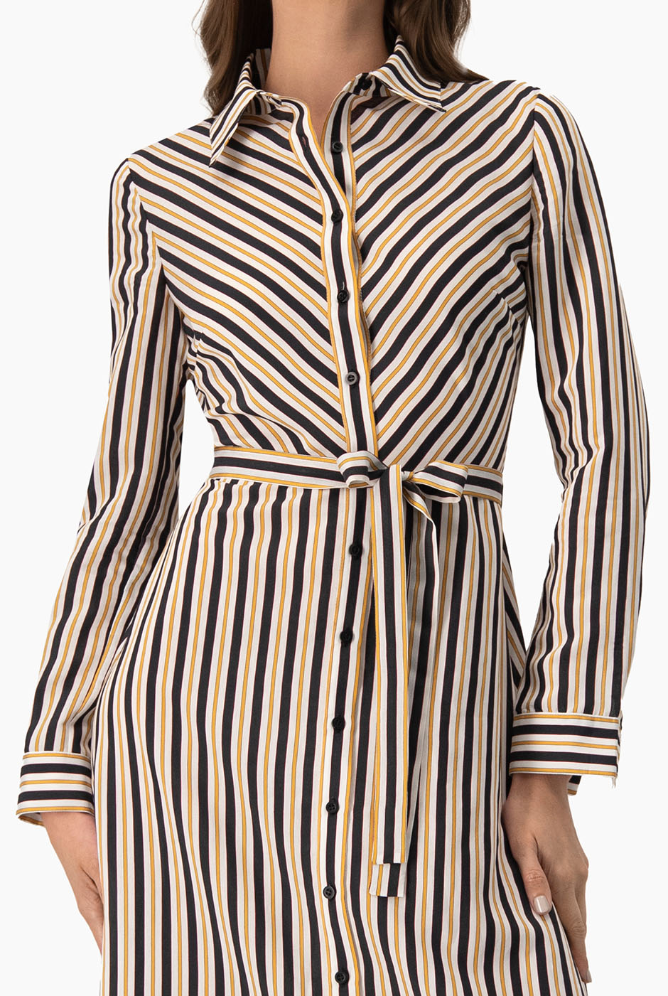 Vestido largo camisero multicolor con estampado de rayas y cinturón