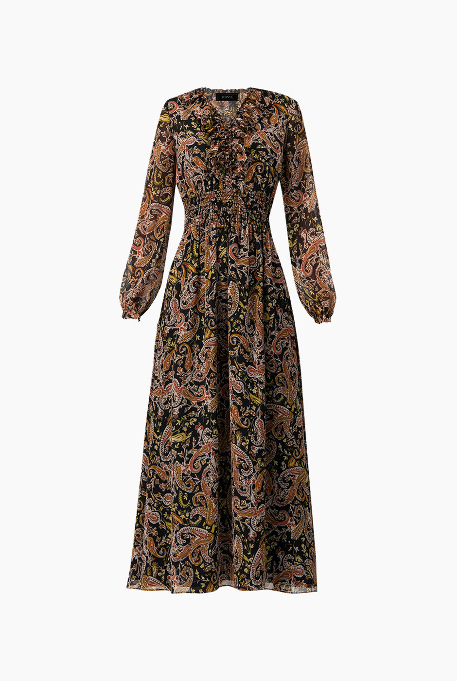 Vestido largo bohemio multicolor con escote en V y smock