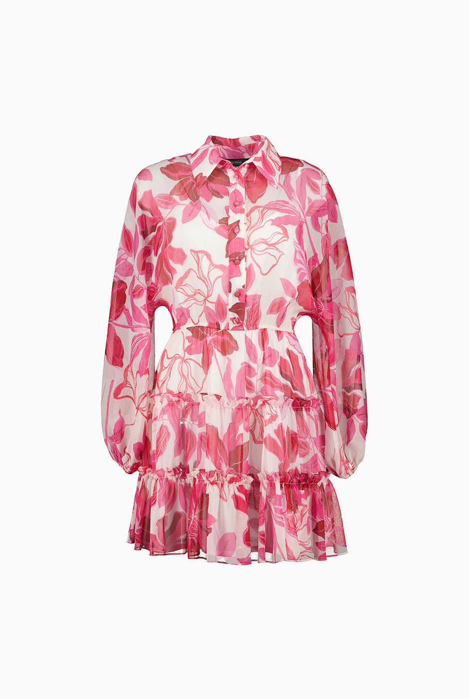 Vestido corto camisero fucsia con estampado floral y volantes