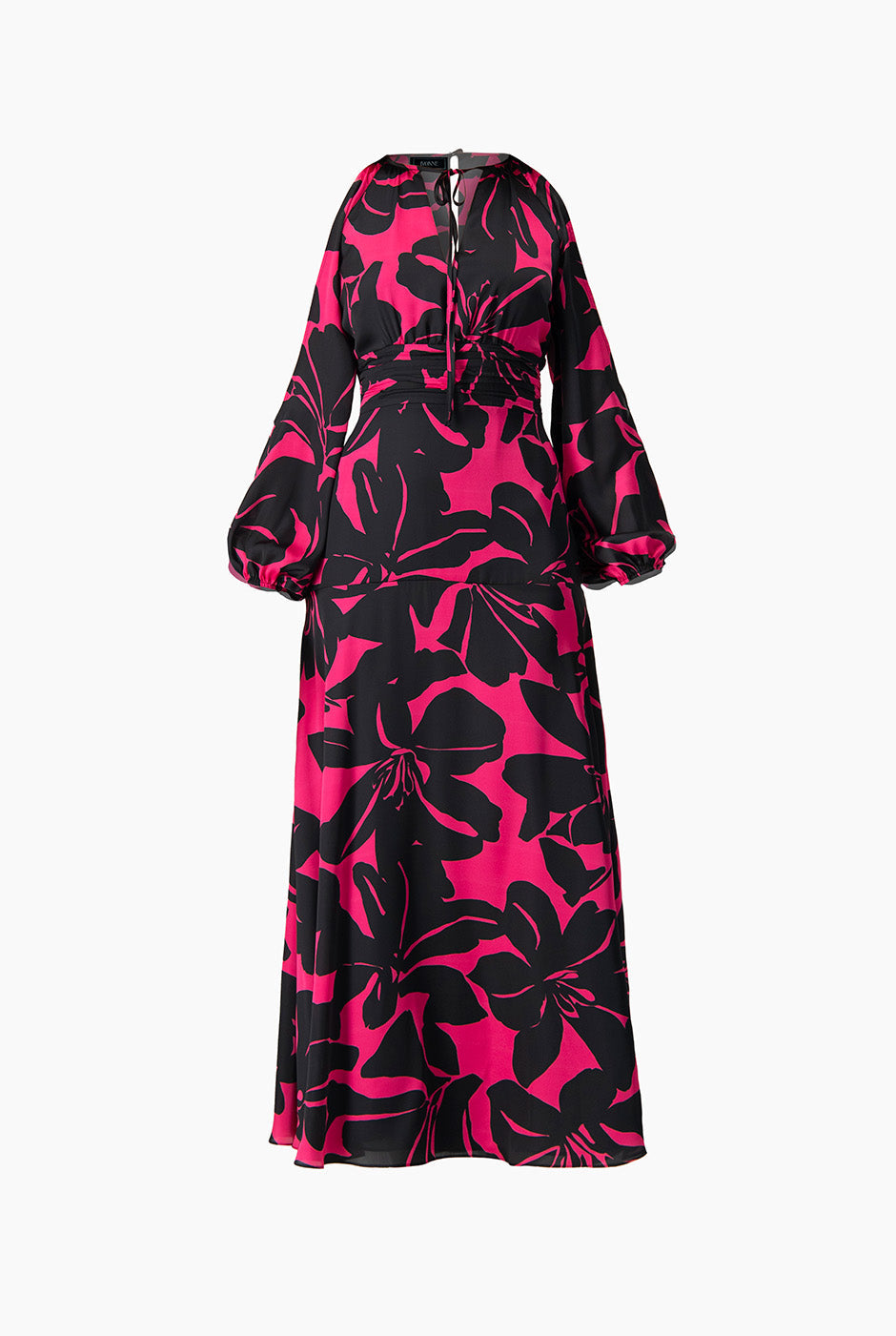 Maxi vestido fucsia con hombros descubiertos y estampado floral