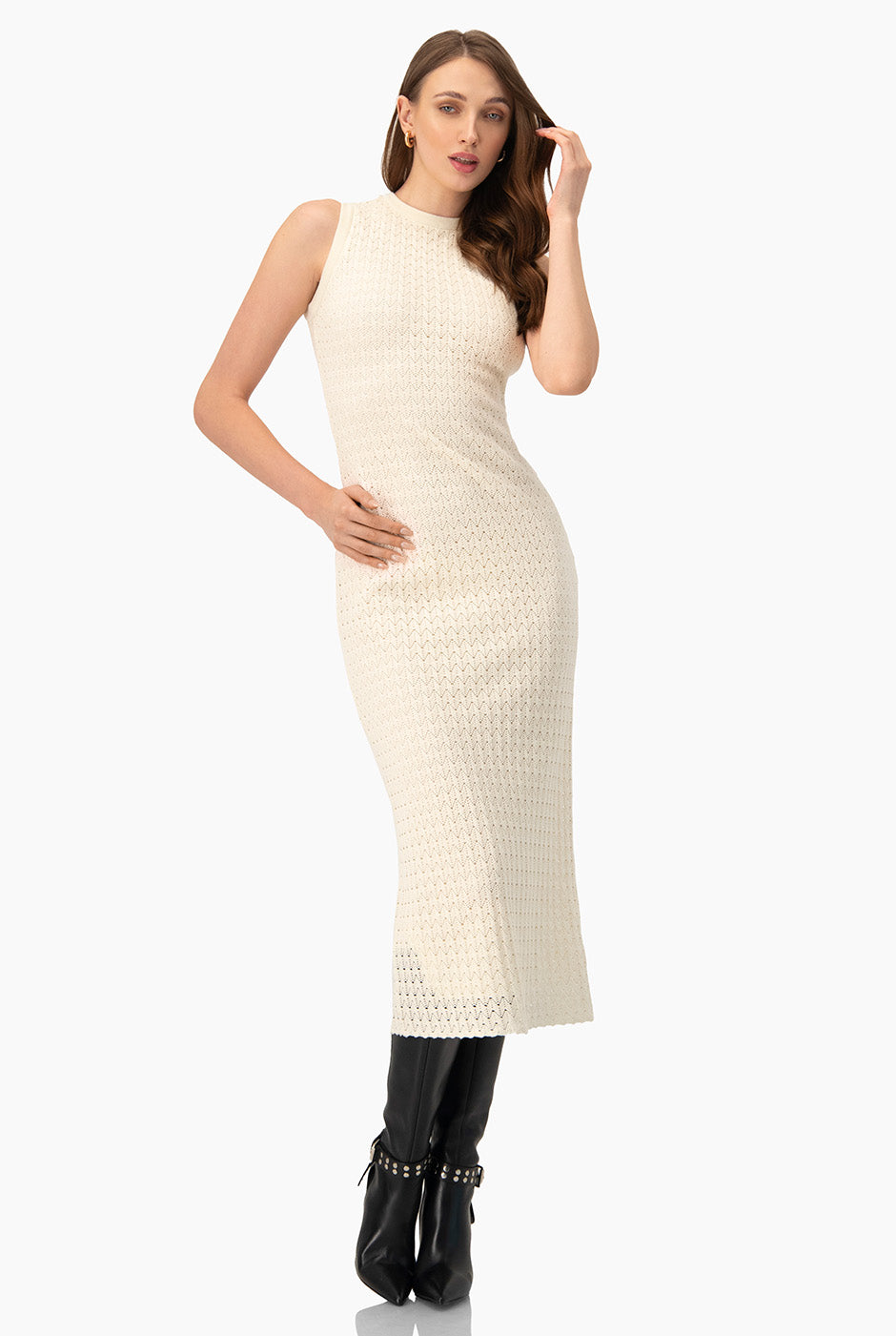 Vestido maxi tejido sin mangas color natural