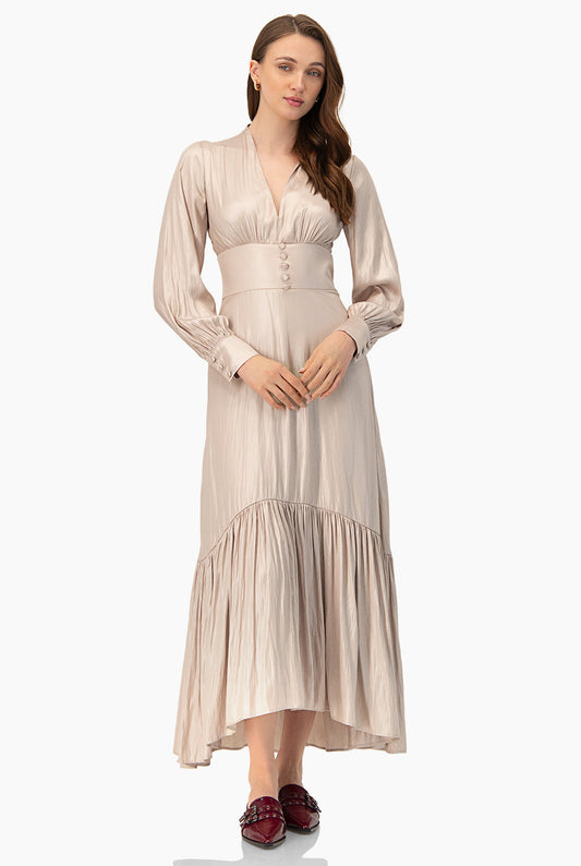 Vestido maxi natural, escote V y botones frontales