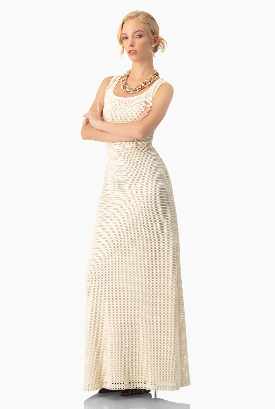 Vestido largo natural sin mangas con escote redondo y lazo