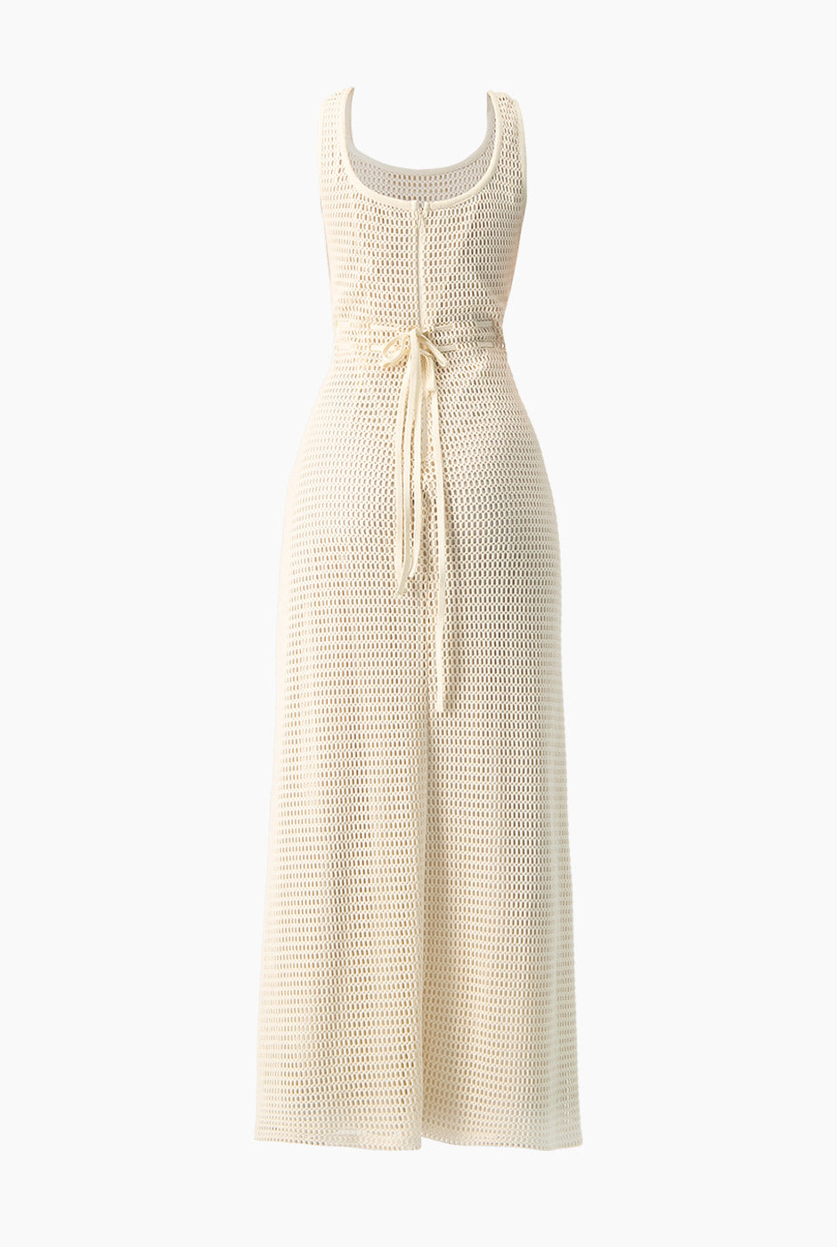 Vestido largo natural sin mangas con escote redondo y lazo