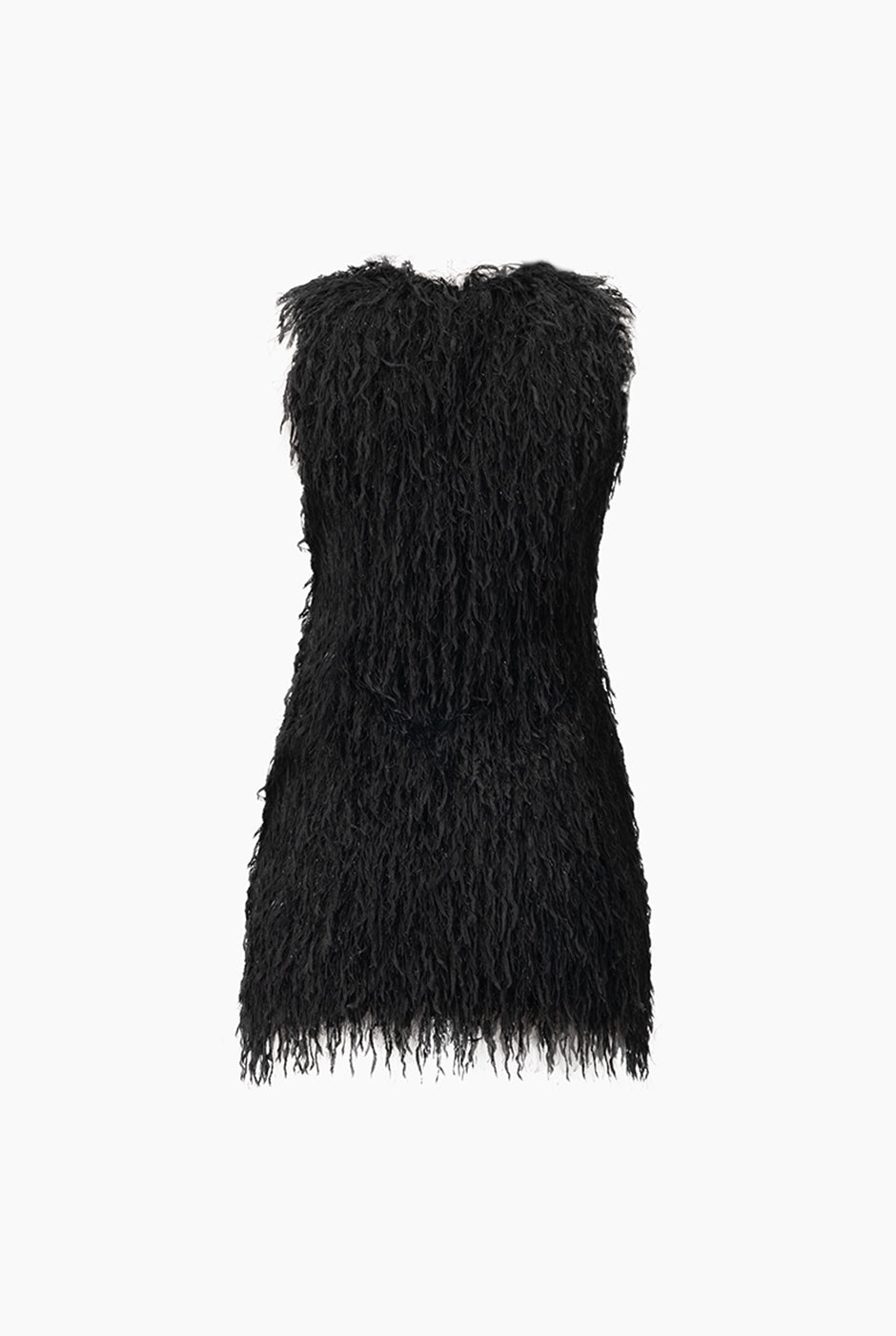 Vestido corto negro sin mangas de Ivonne con textura de flecos