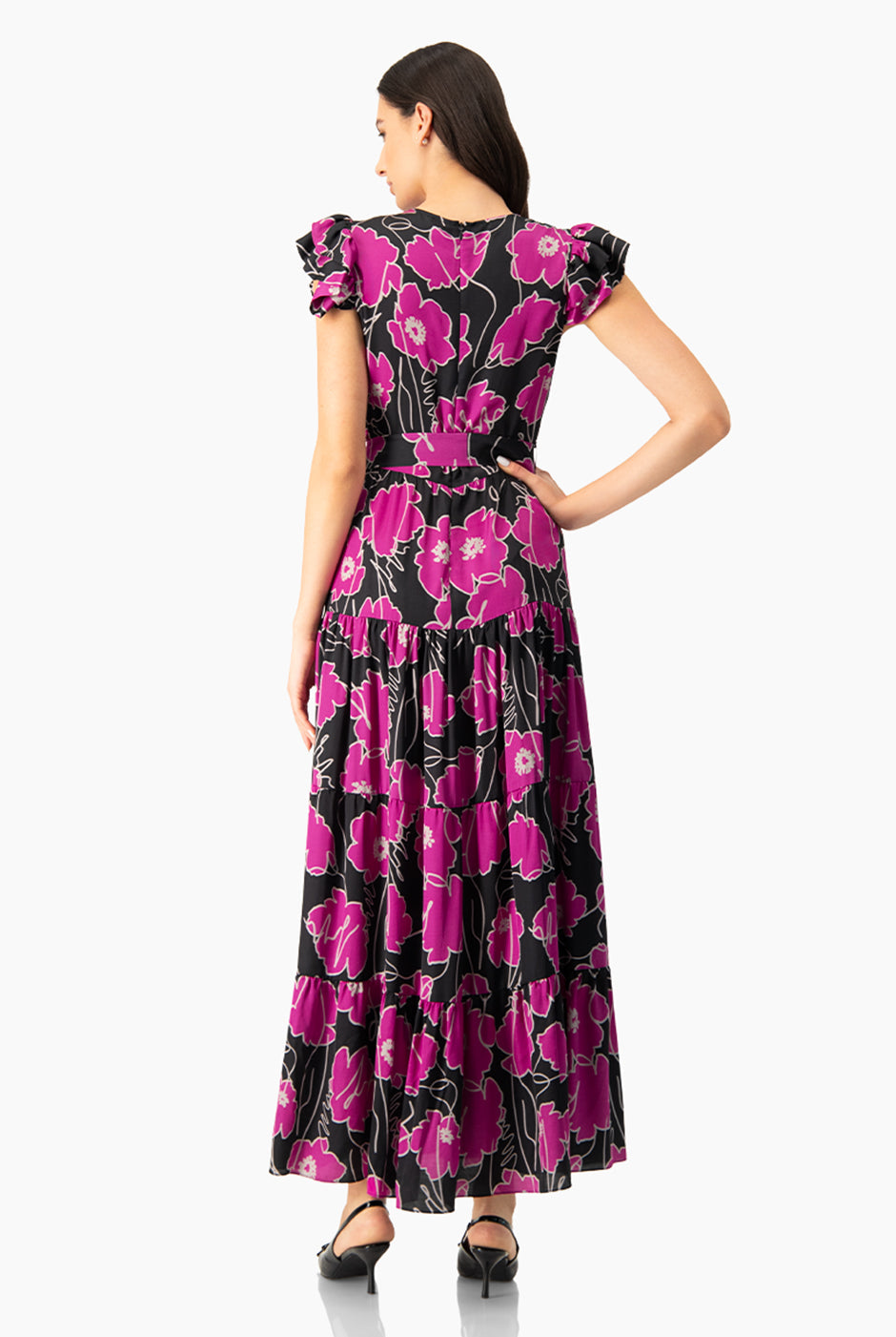 Vestido maxi fucsia con estampado floral y cinturón