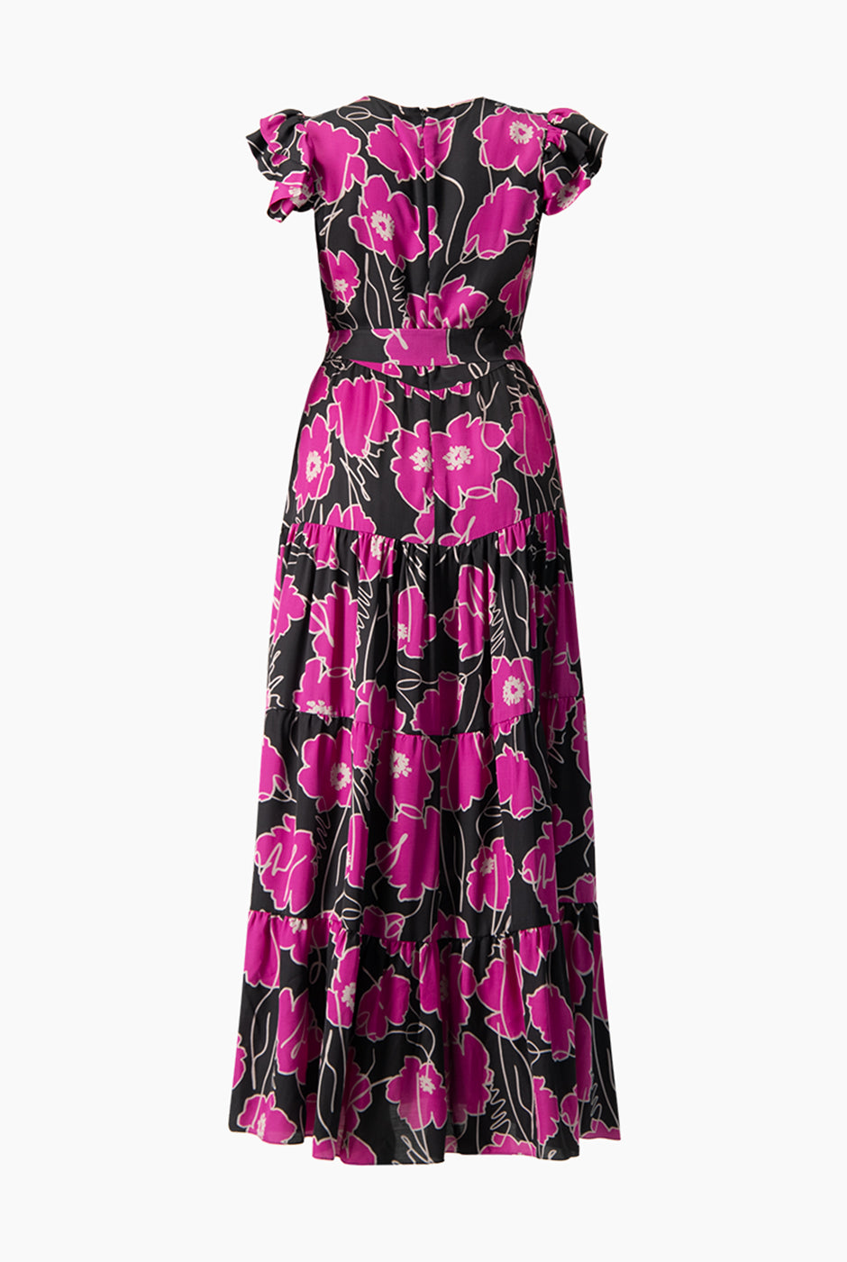 Vestido maxi fucsia con estampado floral y cinturón