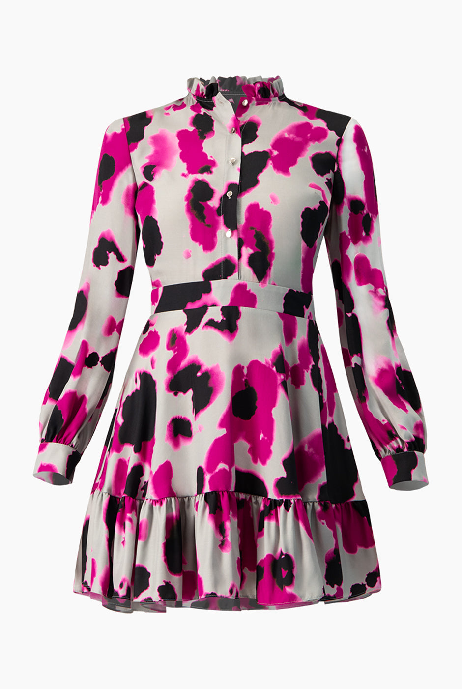 Vestido corto estampado multicolor con mangas largas y cuello alto