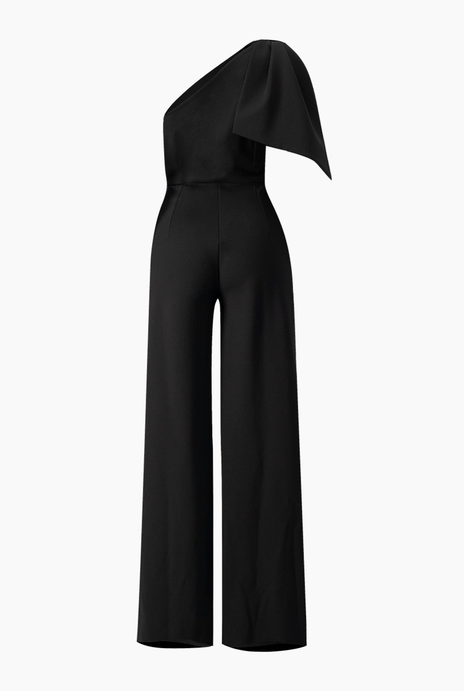 Jumpsuit negro de un hombro con lazo y pierna amplia