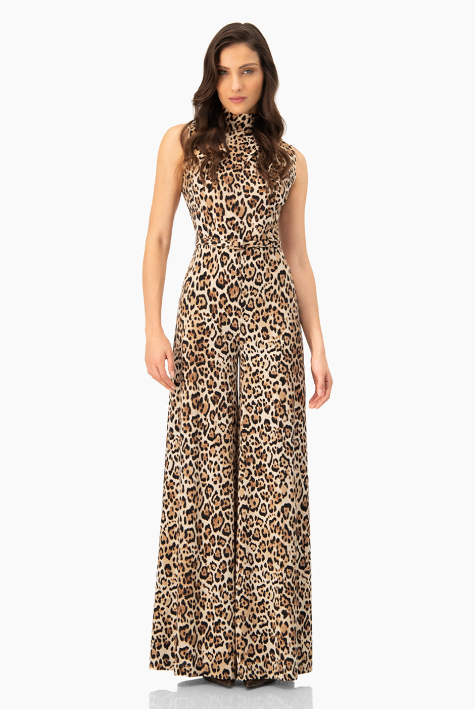 Jumpsuit amplio de animal print sin mangas y cuello alto
