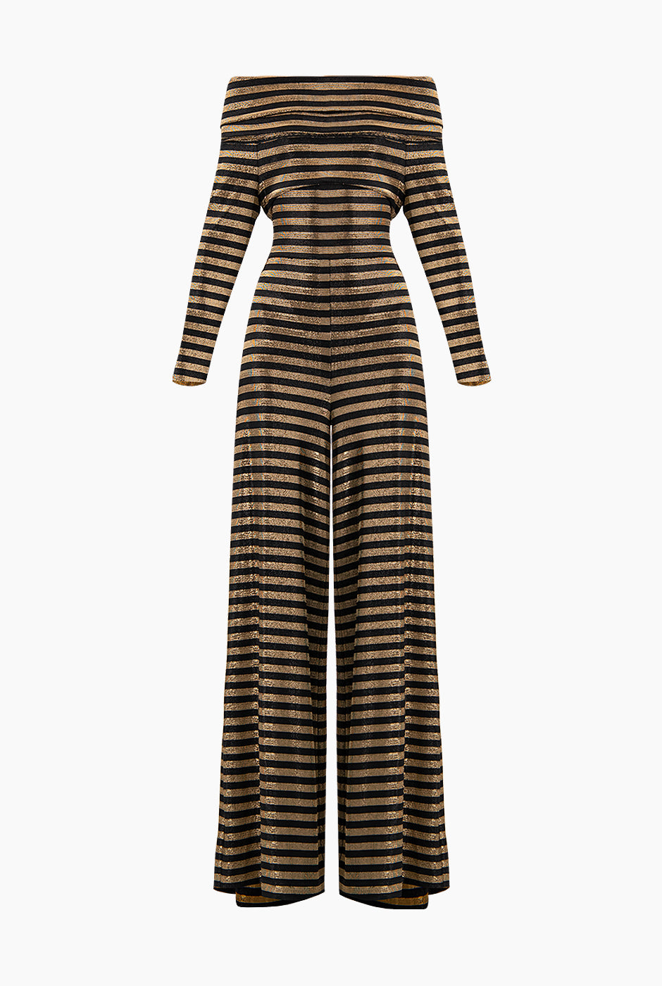 Jumpsuit amplio negro con escote bardot y rayas