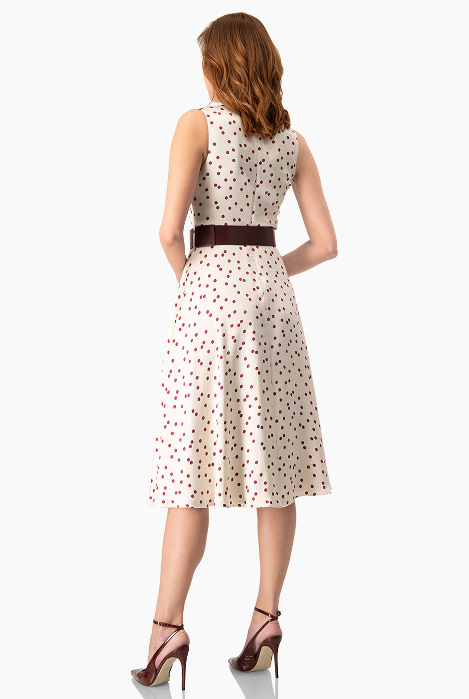 Vestido midi marfil con lunares y cinturón ancho