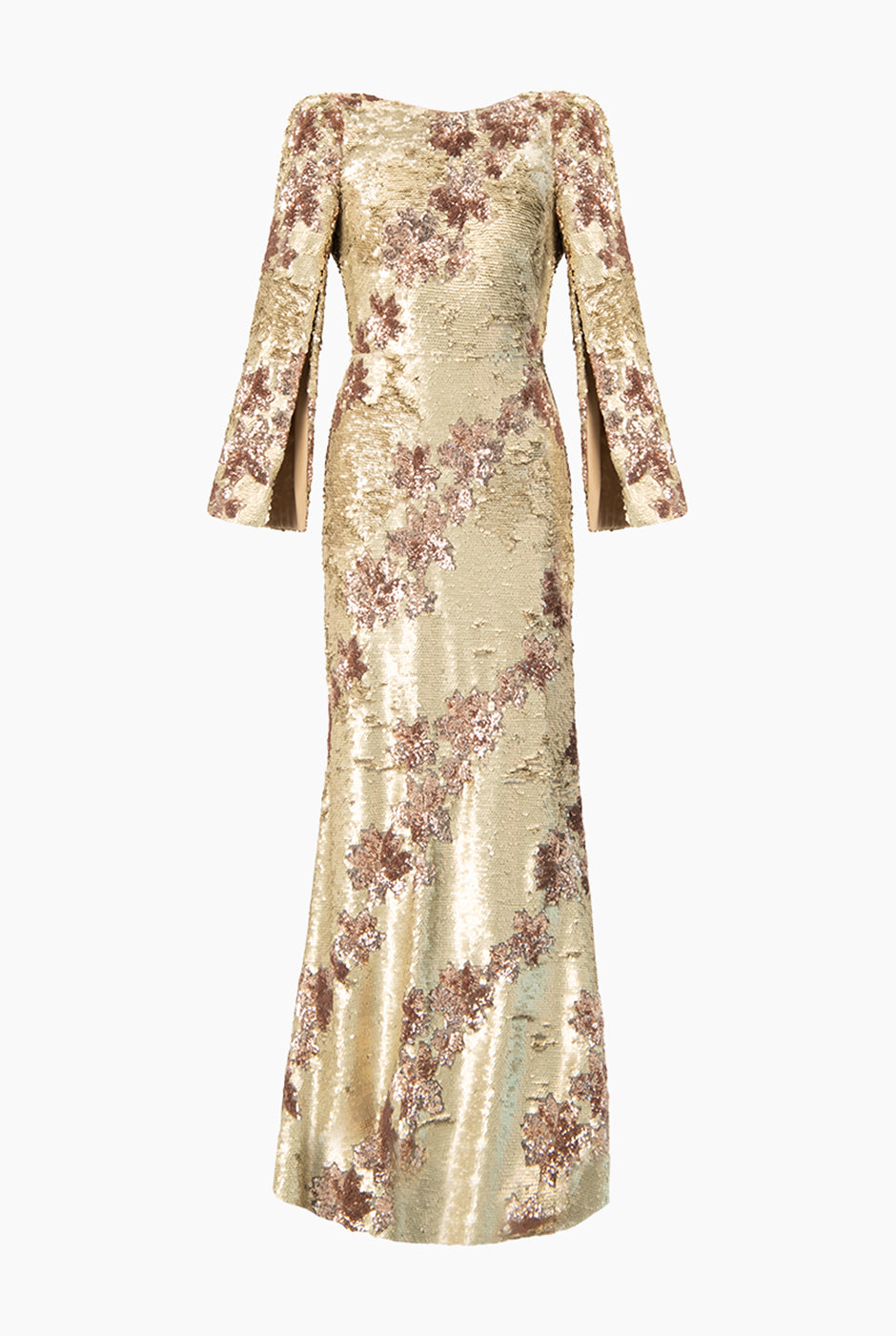 Vestido largo dorado de lentejuelas con espalda descubierta y mangas largas