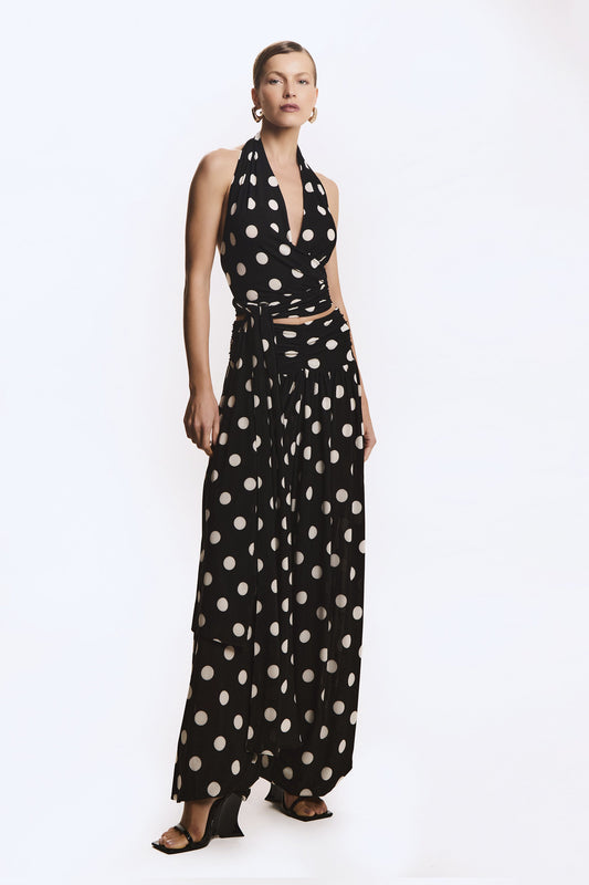 CALCA JOGGER FLUIDA COM COS FRANZIDO BARRA AJUSTADA PRETO FUNDO COM OFF WHITE